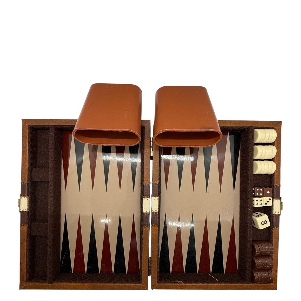 VTG Travel Backgammon Game Magnetic Set Chips Dice Leather Folding 9" Mini Case